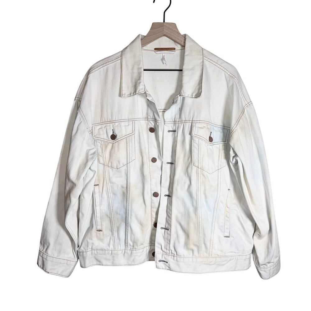 FREE PEOPLE oversized patina fading boho white denim jacket L